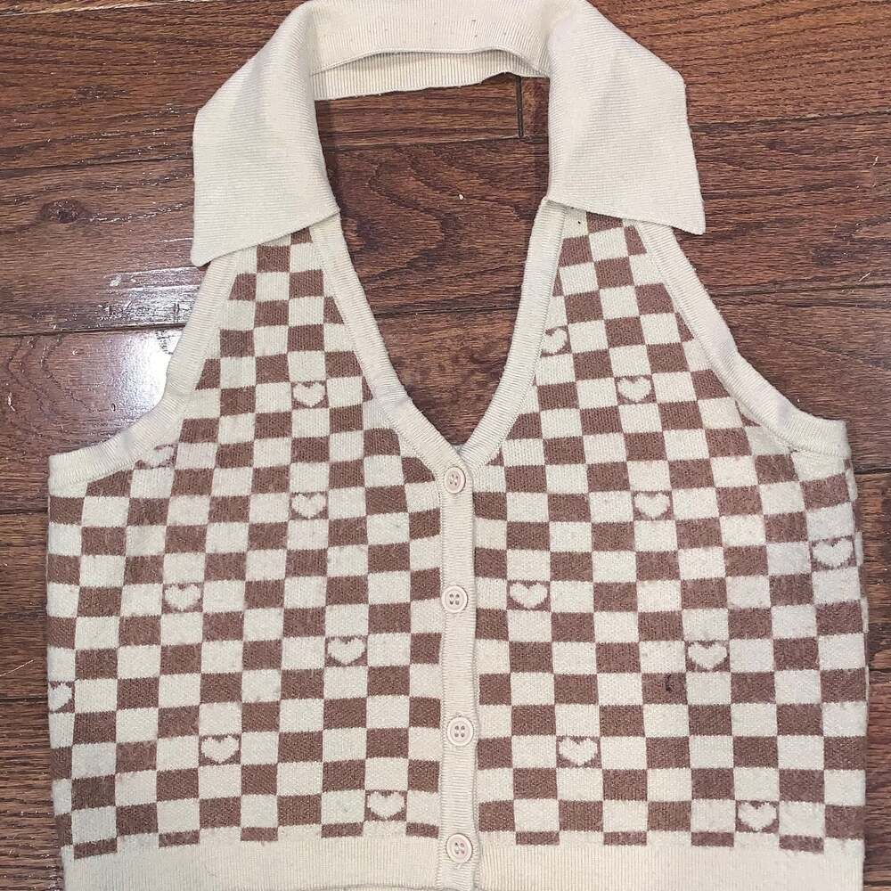 Witty Fox Juniors Collared Halter Cropped Sweater – Beige Check – Size‎ S